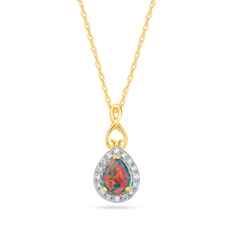 Pear Shape Created Black Opal & Diamond Swirl Heart Pendant in 10k Yellow Gold image number null
